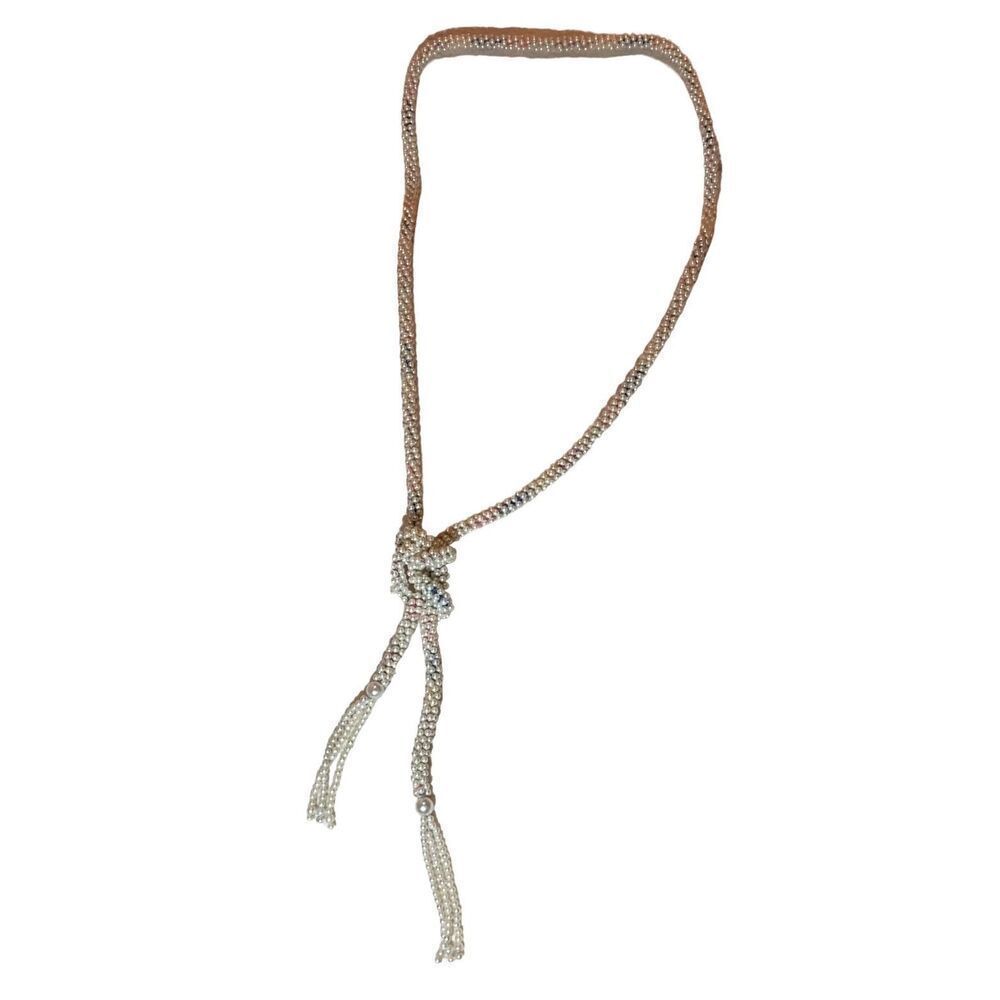 Vintage Pastel Dangling Pearl Rope Braided Tasseled Sautoir Necklace 70s Jewelry